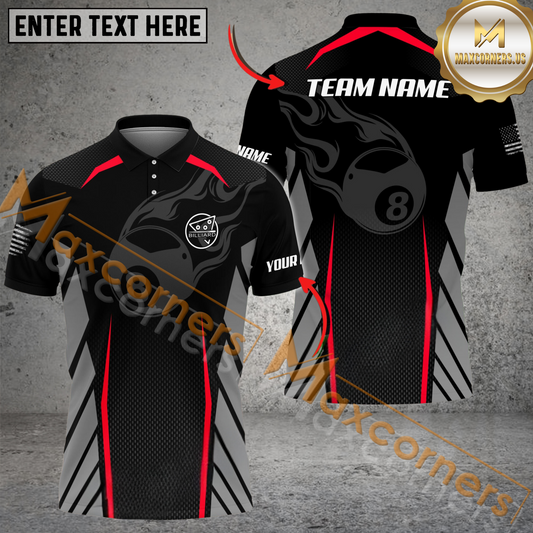Maxcorners 8 Ball Flame Billiard Jersey Multicolor Options Personalized Name, Team Name 3D Polo Shirt (4 Colors)