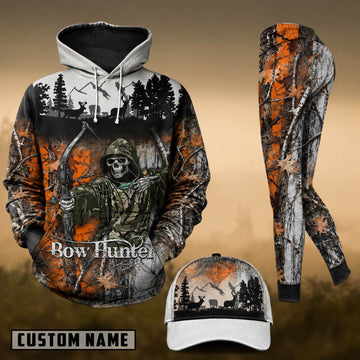 Maxcorners Hunting Bow Hunter Skull Orange Forest Camo 3D Combo Hoodie, Legging Set & Cap