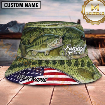 Maxcorners Fishing American Flag Fish Scale Camouflage Personalized 3D Bucket Hat (13 Fish Species)