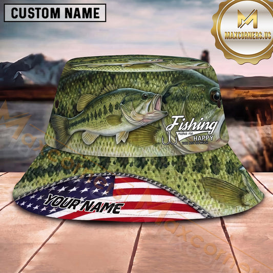 Maxcorners Fishing American Flag Fish Scale Camouflage Personalized 3D Bucket Hat (13 Fish Species)