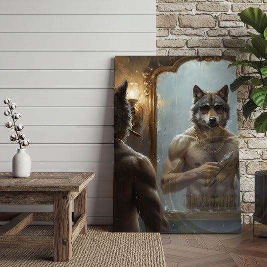 Maxcorners Wolf Grooming in Mirror with Gold Chain and Sunglasses Wrapped Canvas Wall Art