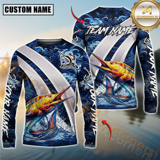 Maxcorners Marlin Fishing Blue Lava Smoke Silver Line Design Custom Name & Team Name 3D Shirts