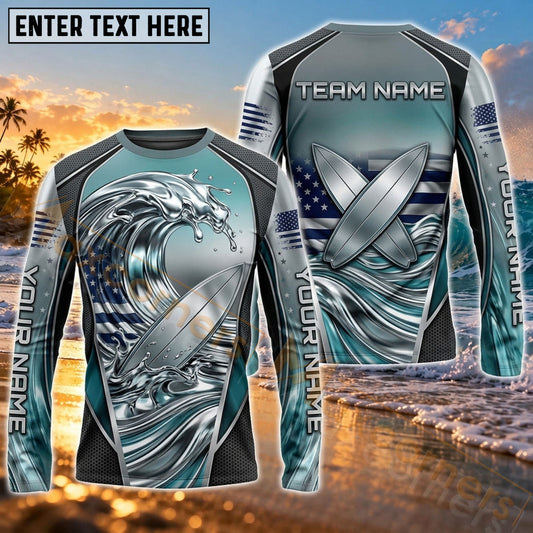 Maxcorners Surfing Vintage Ocean Adventure Art Customized Name, Team Name 3D Long Sleeve Shirt