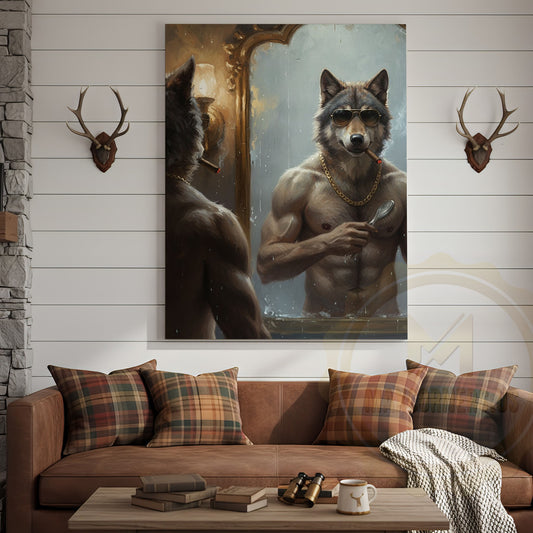 Maxcorners Wolf Grooming in Mirror with Gold Chain and Sunglasses Wrapped Canvas Wall Art