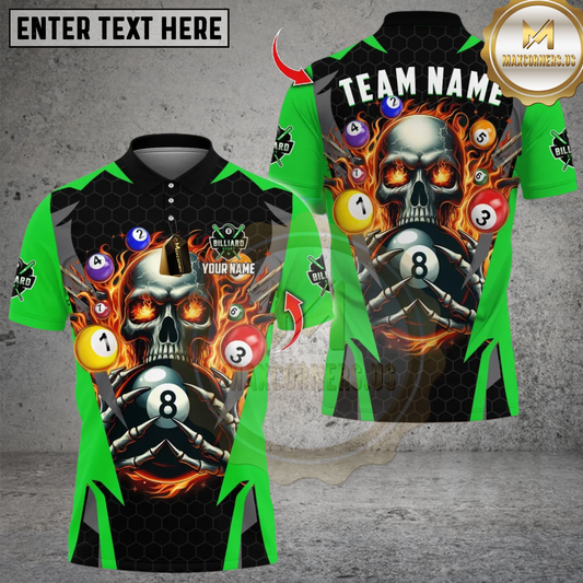 Maxcorners Billiards Ball 8 Pool Skull Fire Thunder Multicolor Customized Name, Team Name 3D Shirts