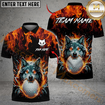 Maxcorners  Golf Flaming Wolf Design Personalized Name, Team Name 3D Shirt (4 Colors)