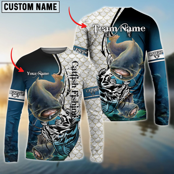 Maxcorners Catfish Fishing Big Fin Pattern Personalized Name, Team Name 3D Long Sleeve Shirt