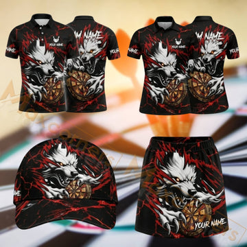 Maxcorners Darts Wolf Dartboard Flame Design Personalized Team Sportswear Set - Polo Shirt, Cap & Skorts
