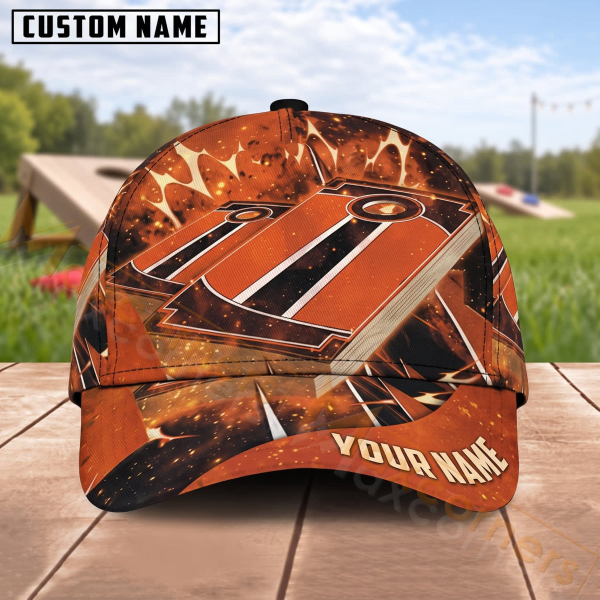 Maxcorners Cornhole Orange Camo Board & Bags Design Personalized Name 3D Cap