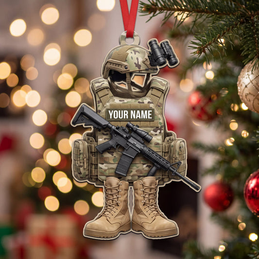 Maxcorners Military Desert Camo Helmet Vest And Combat Boots Personalized Name 3D Keychain And Ornament