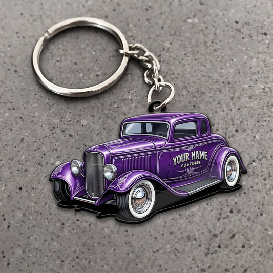 Maxcorners Hot Rod Purple Vintage Coupe with Whitewall Tires Personalized Name 3D Keychain And Ornament