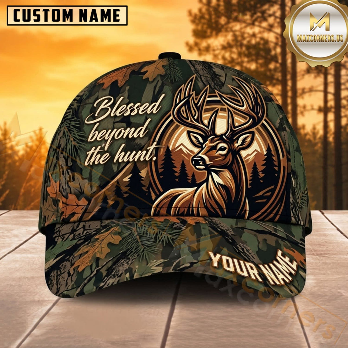 Maxcorners Deer Hunting Whitetail Buck Grateful Heart Golden Sunset Camo Customized Name 3D Cap
