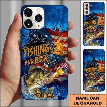 Maxcorners Walleye Fishing Phone Case Fishing And Beer American Flag Personalized Name 3D Phone Case