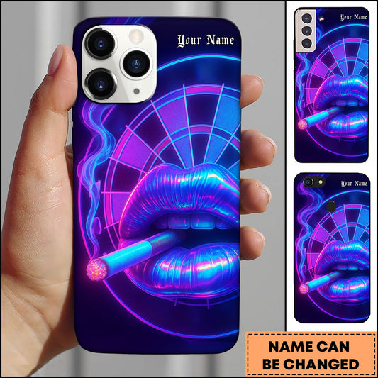 Maxcorners Darts Neon Holographic Lips Biting Dart With Dartboard Purple Blue Gradient Personalized Name Phone Case