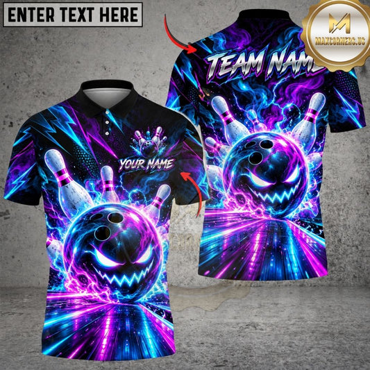 Maxcorners Bowling Evil Smile Neon Energy Rays Pins Strike Artwork Multicolor Customized Name, Team Name 3D Shirts