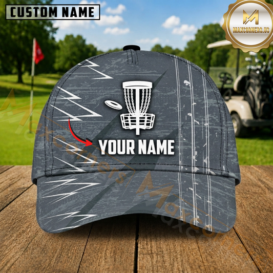 Maxcorners Disc Golf Basket Flying Disc Gray White Grunge Personalized Name 3D Cap
