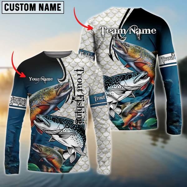 Maxcorners Trout Fishing Big Fin Pattern Personalized Name, Team Name 3D Long Sleeve Shirt