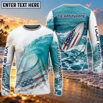 Maxcorners Surfboard Coastal Wave Adventure Art Customized Name, Team Name 3D Long Sleeve Shirt