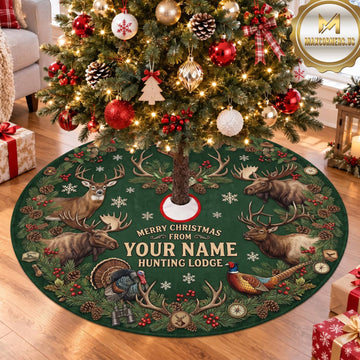 Maxcorners Hunting Deer Moose Evergreen Forest Personalized Name 3D Christmas Tree Skirt