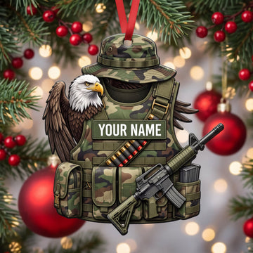 Maxcorners Veteran Eagle Wings Camo Vest And Rifle Personalized Name 3D Keychain And Ornament