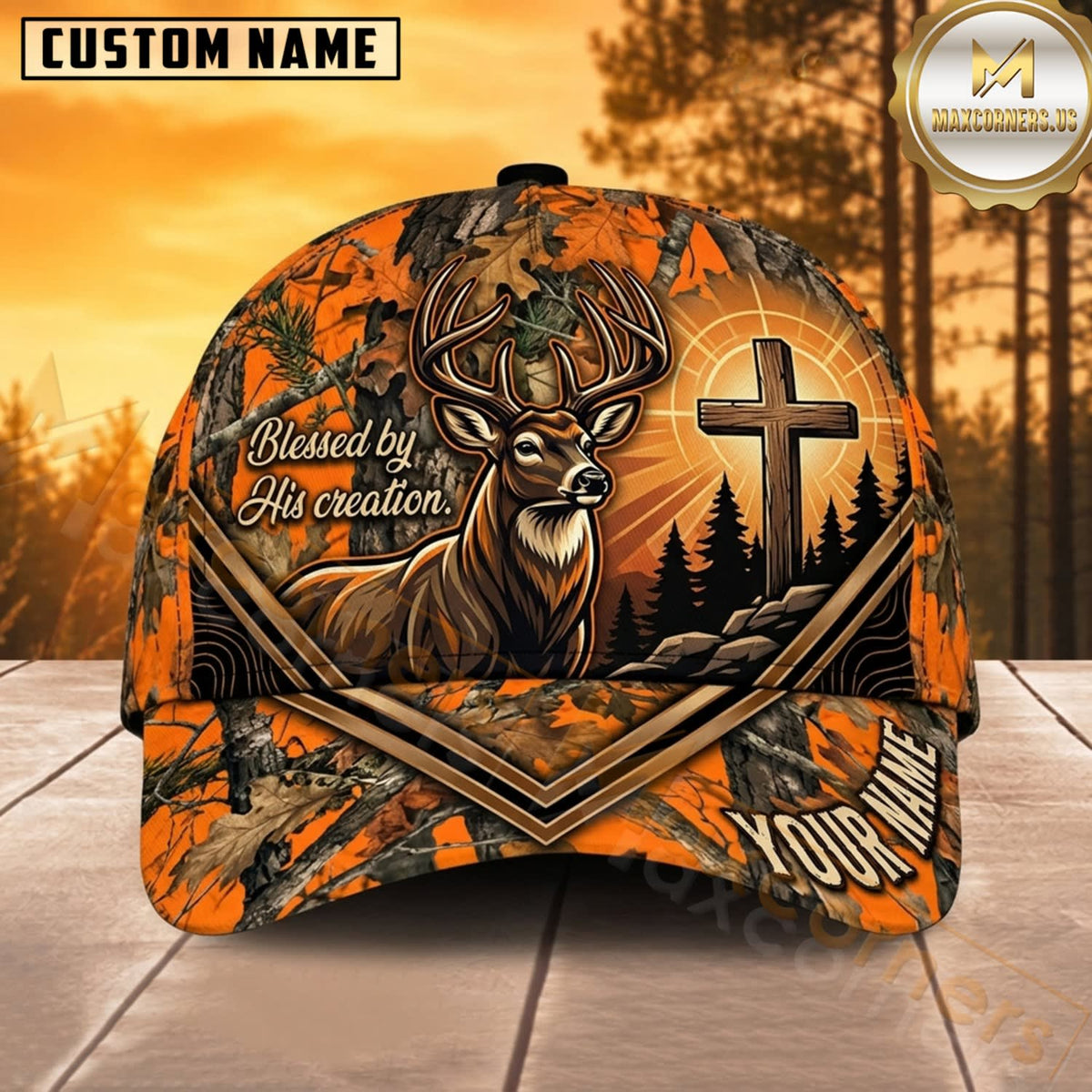 Maxcorners Deer Hunting Whitetail Buck Christian Cross Orange Geometric Camo Customized Name 3D Cap