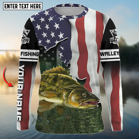 Maxcorners Walleye Hunter Walleye American Flag Customize Name 3D Shirt