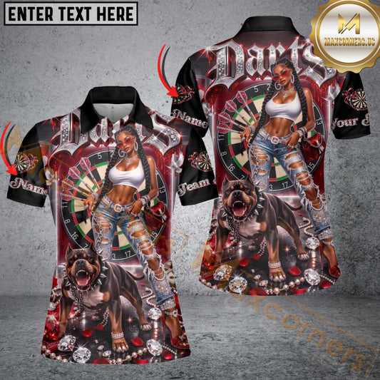 Maxcorners Darts Hip Hop Girl & Pitbull Dog Diamond Multicolor Customized Name, Team Name 3D Shirt For Women