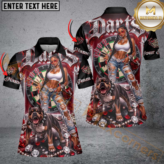 Maxcorners Darts Hip Hop Girl & Pitbull Dog Diamond Multicolor Customized Name, Team Name 3D Shirt For Women
