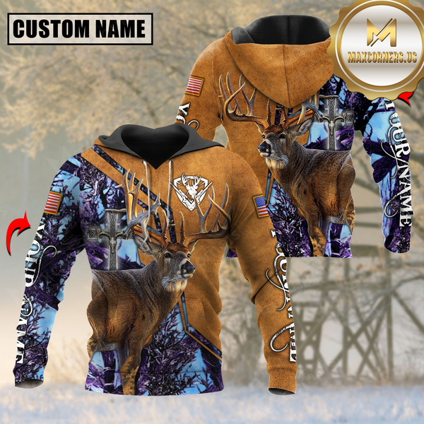 Maxcorners Purple Wilderness Deer Hunting USA Flag Custom Name Shirt 3D All Over Printed Clothes