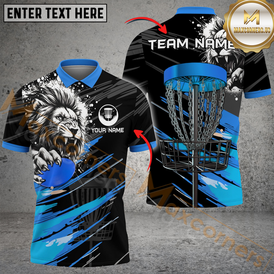 Maxcorners Savage Lion Disc Golf Polo Shirt Personalized Name, Team Name 3D Shirt (4 Colors)
