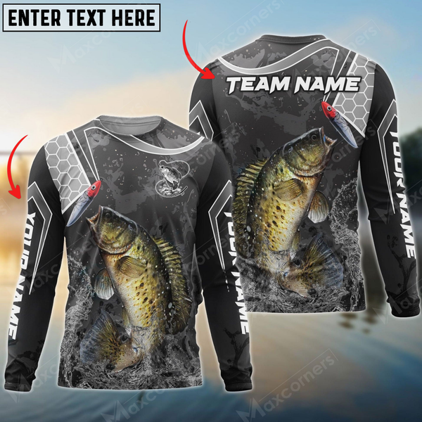 Maxcorners Crappie Fishing Gray Camo Sport Personalized Name, Team Name 3D Long Sleeve Shirt