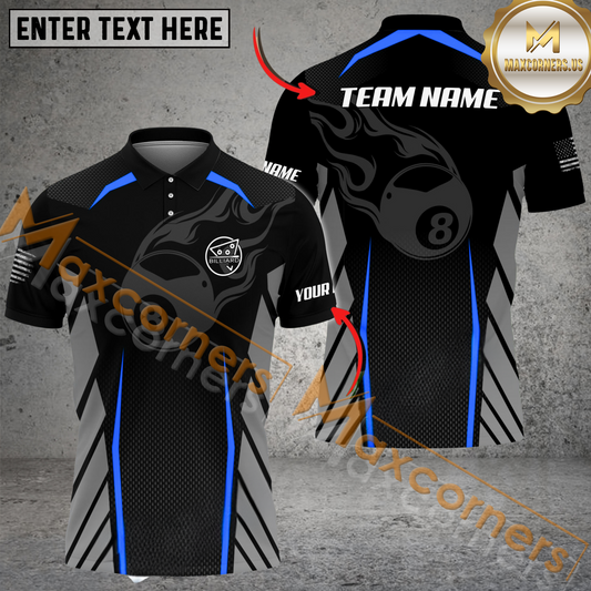 Maxcorners 8 Ball Flame Billiard Jersey Multicolor Options Personalized Name, Team Name 3D Polo Shirt (4 Colors)