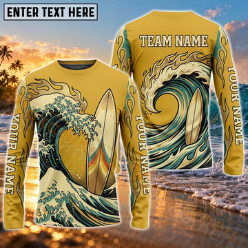 Maxcorners Surfing Tropical Ocean Wave Art Customized Name, Team Name 3D Long Sleeve Shirt