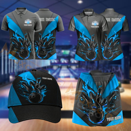 Maxcorners Bowling Flaming Bowling Ball Strike Design Personalized Team Sportswear Set - Polo Shirt, Cap & Skorts