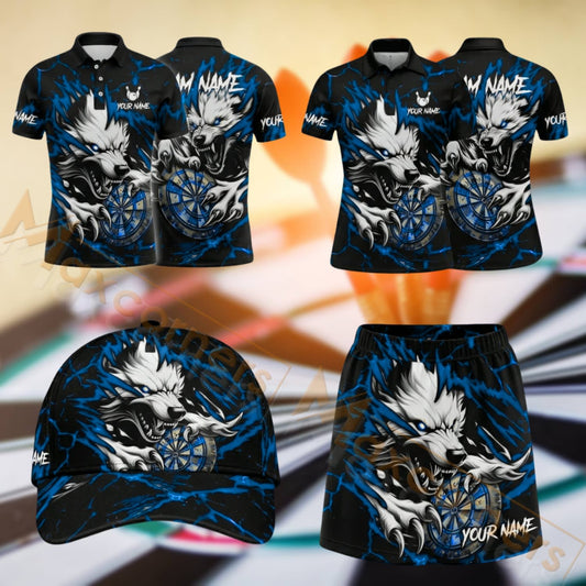 Maxcorners Darts Wolf Dartboard Flame Design Personalized Team Sportswear Set - Polo Shirt, Cap & Skorts