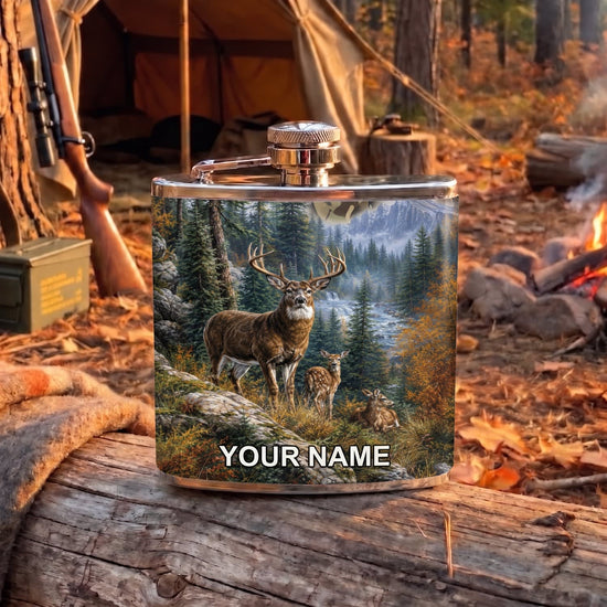 Maxcorners Hunting Moose Pine Forest Mountain Scene Personalized Name 3D Hip Flask