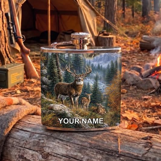 Maxcorners Hunting Moose Pine Forest Mountain Scene Personalized Name 3D Hip Flask