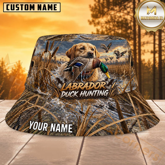 Maxcorners Labrador Duck Hunting Blue Grassland Personalized Name 3D Bucket Hat