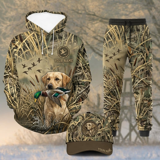 Maxcorners Duck Hunting Yellow Labrador Marsh Grass Camo Personalized 3D Shirts