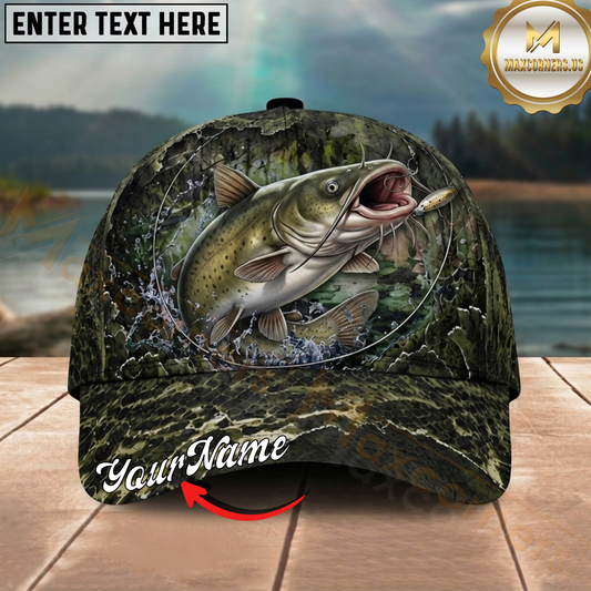 Maxcorners Fishing Mossy Camo Water Ring Personalized 3D Cap (12 Fish Species)