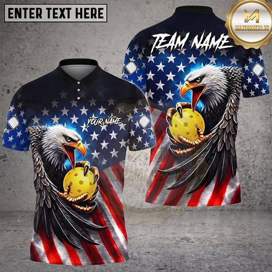 Maxcorners Pickleball Polo Patriotic Bald Eagle Multiple Options Personalized Name, Team Name 3D Shirt