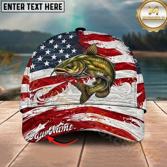 Maxcorners Fishing Patriotic Flag Swirl Personalized Name 3D Cap (12 Fish Species)