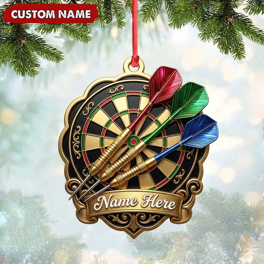 Maxcorners Darts Lover Golden Vintage Crest, Target Board, Crossed Darts Personalized Name Ornament 2D Flat