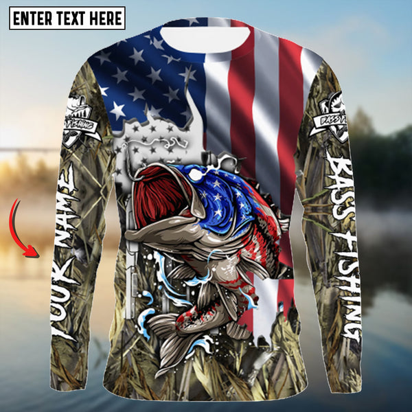 Maxcorners American Flag Patriotic Largemouth Bass Camo Customize Name 3D Shirt