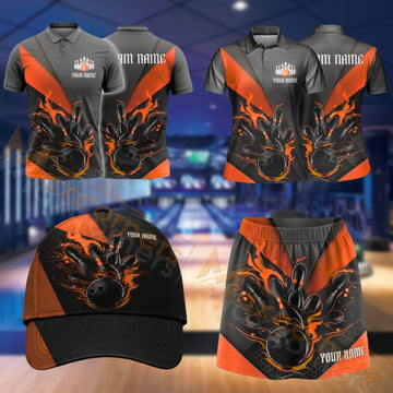 Maxcorners Bowling Flaming Bowling Ball Strike Design Personalized Team Sportswear Set - Polo Shirt, Cap & Skorts
