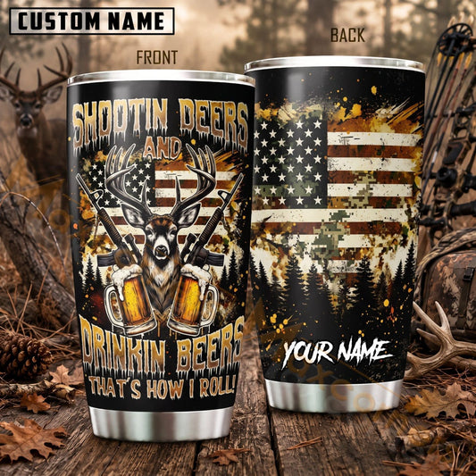 Maxcorners Hunting Shootin Bucks American Flag Personalized Name 3D Tumbler