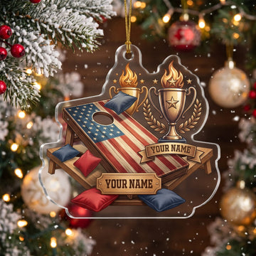 Maxcorners Cornhole Patriotic American Flag Trophy Customized Name 3D Keychain And Ornament