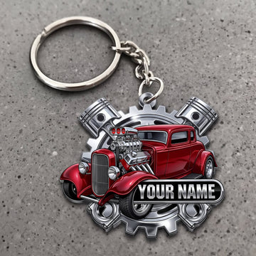 Maxcorners Hot Rod Red Classic Roadster with Chrome Engine and Silver Gear Frame Personalized Name 3D Keychain And Ornament