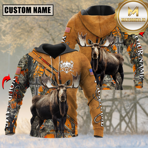 Maxcorners Orange Wilderness Moose Hunting USA Flag Custom Name Shirt 3D All Over Printed Clothes