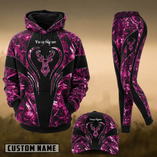 Maxcorners Hunting Deer Heart Pink Camo Personalized 3D Combo Hoodie, Legging Set & Cap
